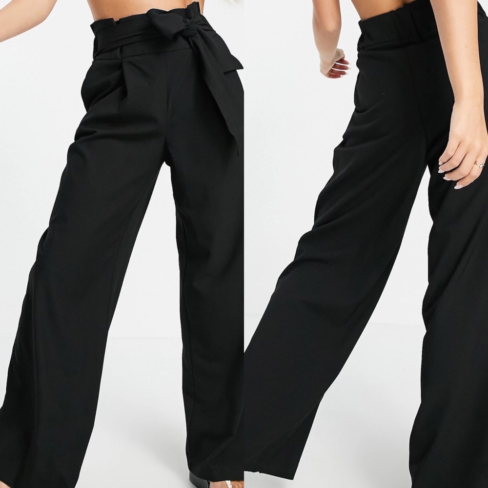 Mango Tie waist paper bag wideleg linen trousers women’s black sz.S - Picture 2 of 5